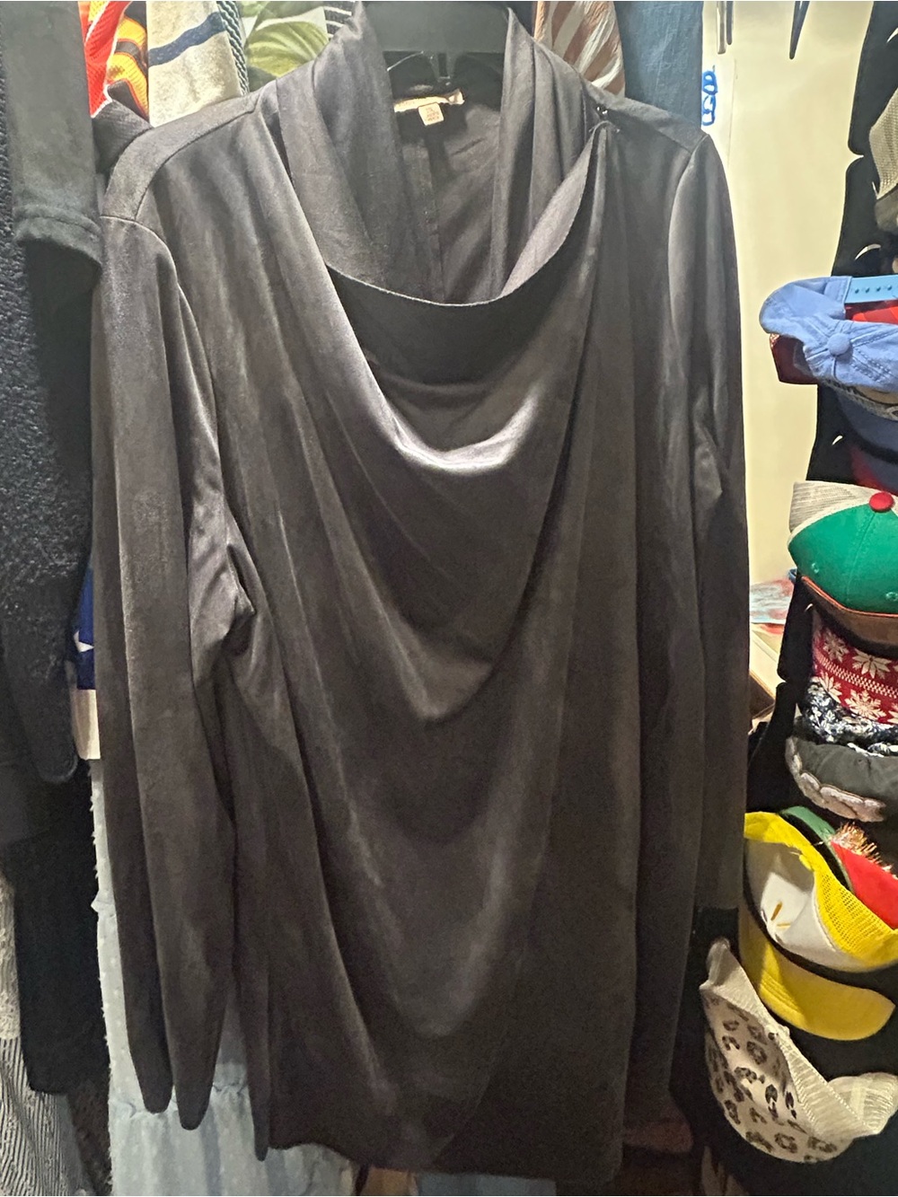 Charcoal Gray Draped Cowl Neck Women’s Top